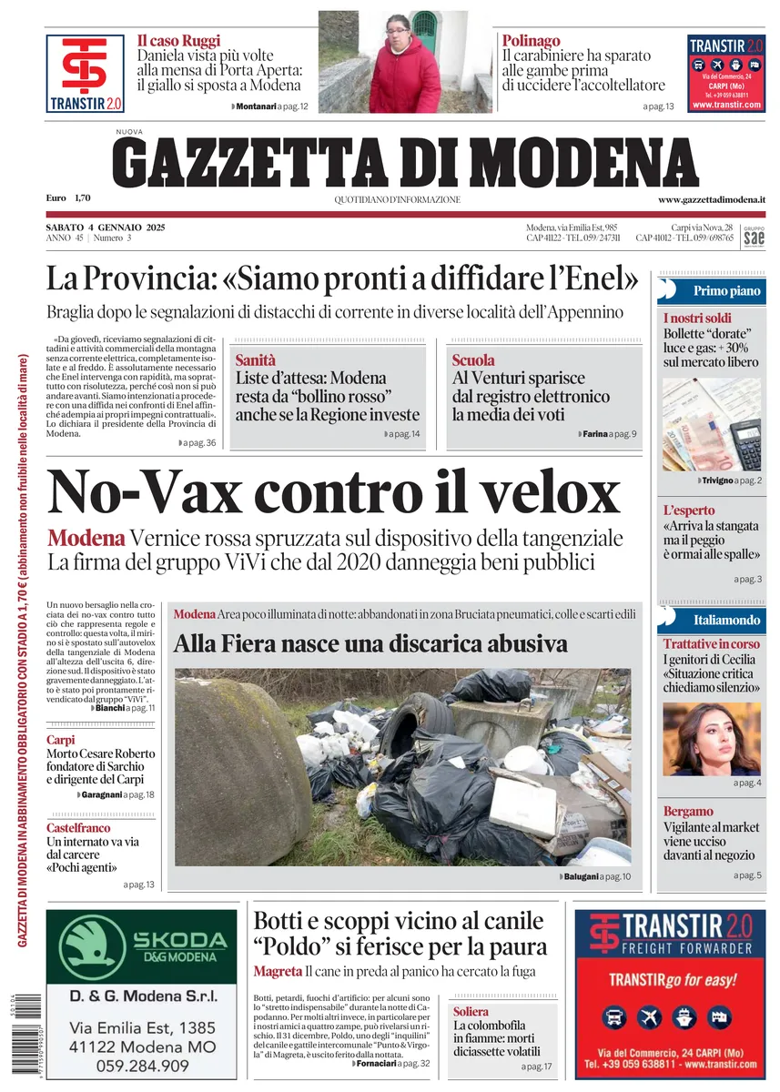 Prima-pagina-gazzetta di modena-oggi-edizione-del-2025-01-04